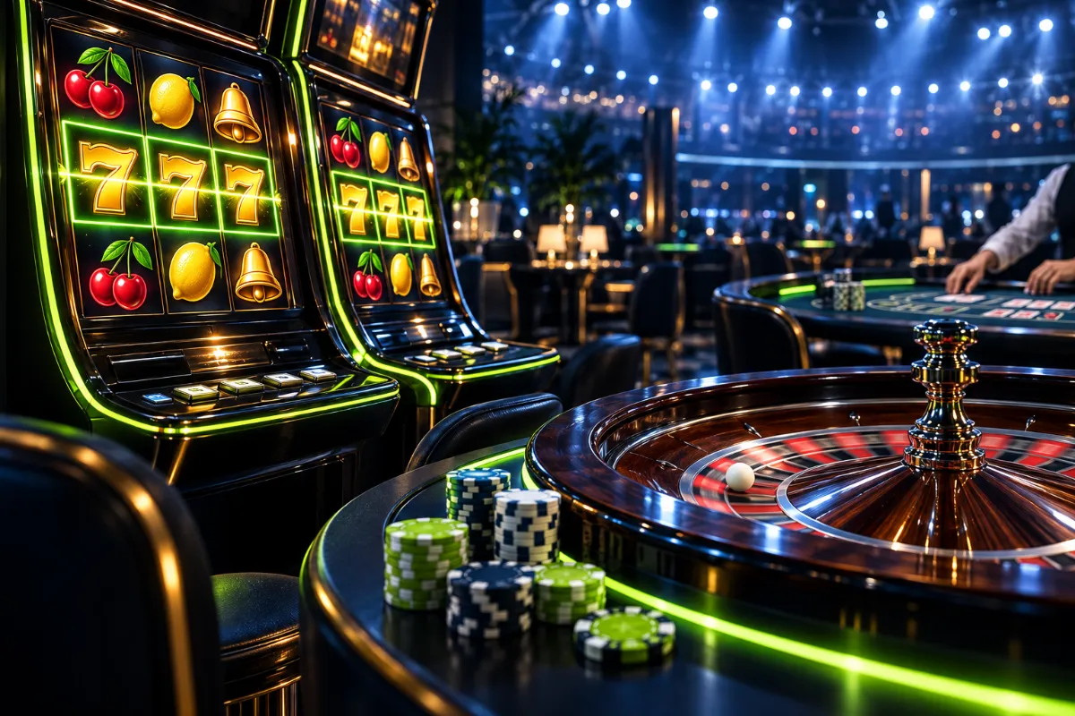Spielautomaten, Roulette-Kessel und Chips im blauen Flutlicht, Motiv zur Zoccer-Lobby