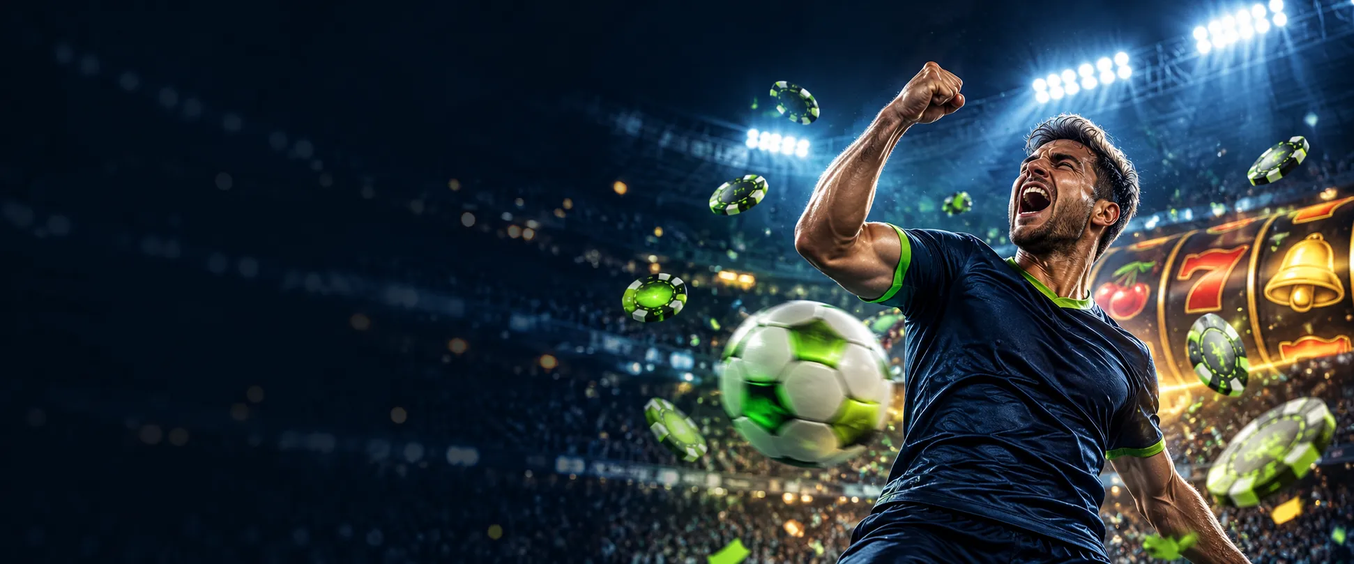 Fußballer im Flutlicht eines vollen Stadions, Startgrafik zum Zoccer Online Casino